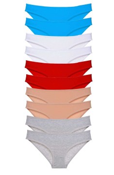 10 adet Süper Eko Set Likralı Kadın Slip Kırmızı Ten Gri Beyaz Mavi