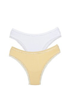 2 Adet Kadın Mikro Bikini Külot İnce Lastik FırFır Kenarlı Yumuşak Doku İç Giyim Beyaz Ten