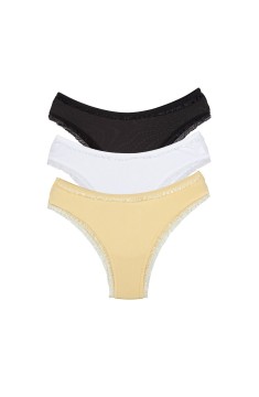 3 Adet Kadın Mikro Bikini Külot İnce Lastik FırFır Kenarlı Yumuşak Doku İç Giyim Siyah Beyaz Ten