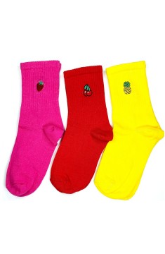3 Çift Meyve Nakış Baskılı Yumuşak Pamuklu Kadın Soket Kolej Çorabı