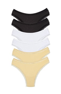 6 Adet Kadın Mikro Bikini Külot İnce Lastik FırFır Kenarlı Yumuşak Doku İç Giyim Siyah Beyaz Ten