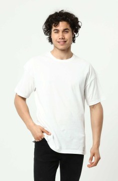 Beyaz Erkek Basic Oversize Bisiklet Yaka Kısa Kollu T-Shirt