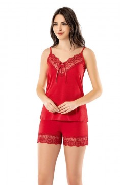 Kadın Kırmızı Şortlu Takım Ev Giyim Gecelik Dantelli Pijama Uyku Kıyafeti 6341