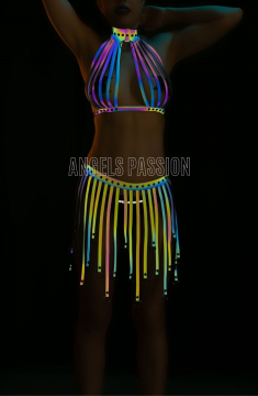 Püsküllü Renkli Reflektörlü Fantezi Elbise - Sexy Harness İç Giyim - APFT584